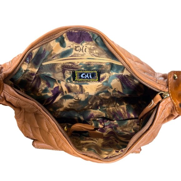 Chi Carlos Falchi Quilted Brown Leather Shoulder Bag Gold-Studded Strap Buckle - Picture 4 of 8